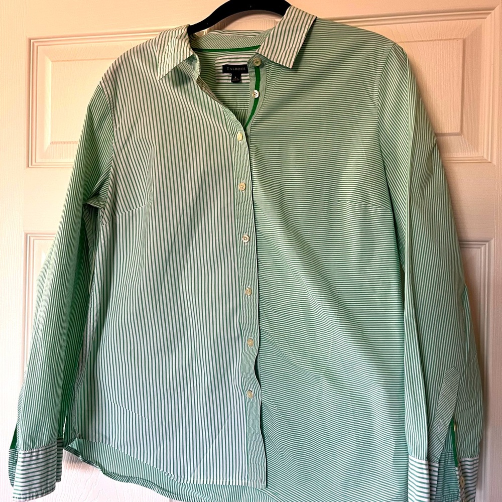Talbots Large Green Striped button-down. Cotton.